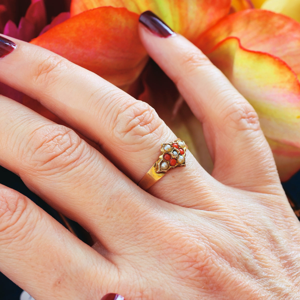 Antique Date 1900 Coral & Wild Pearl Ring