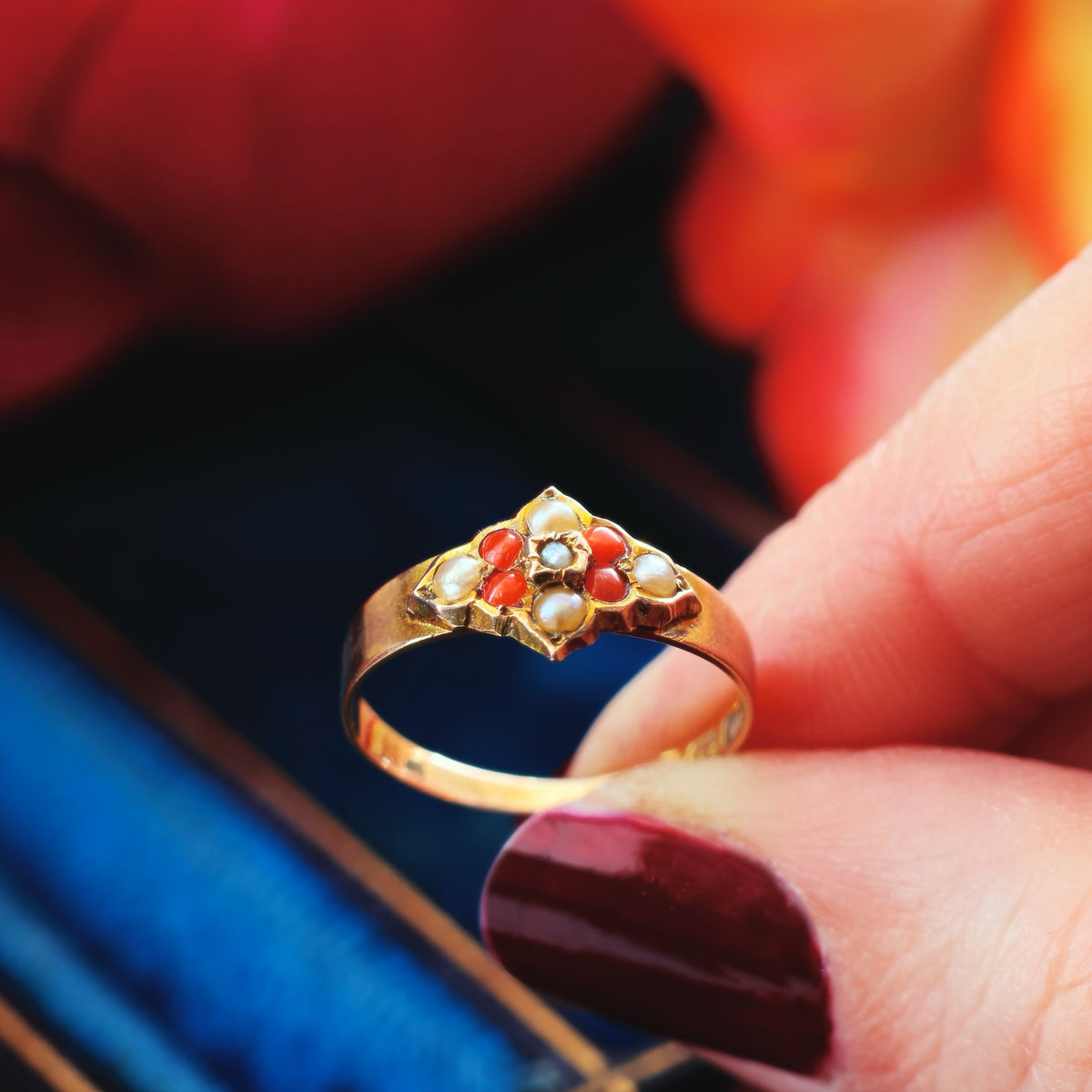 Antique Date 1900 Coral & Wild Pearl Ring