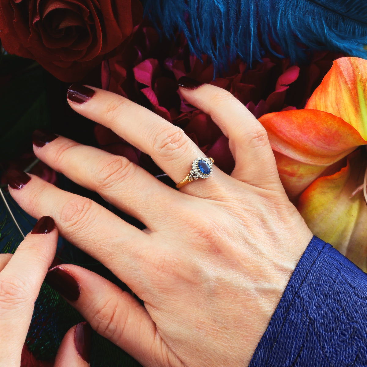 Pretty Vintage Sapphire & Diamond Cluster Engagement Ring