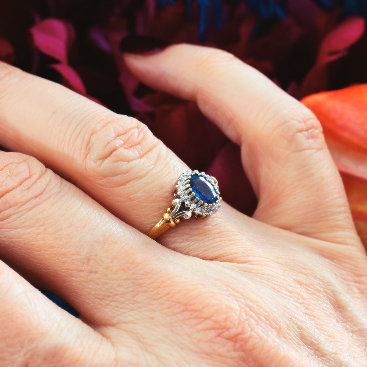 Pretty Vintage Sapphire & Diamond Cluster Engagement Ring
