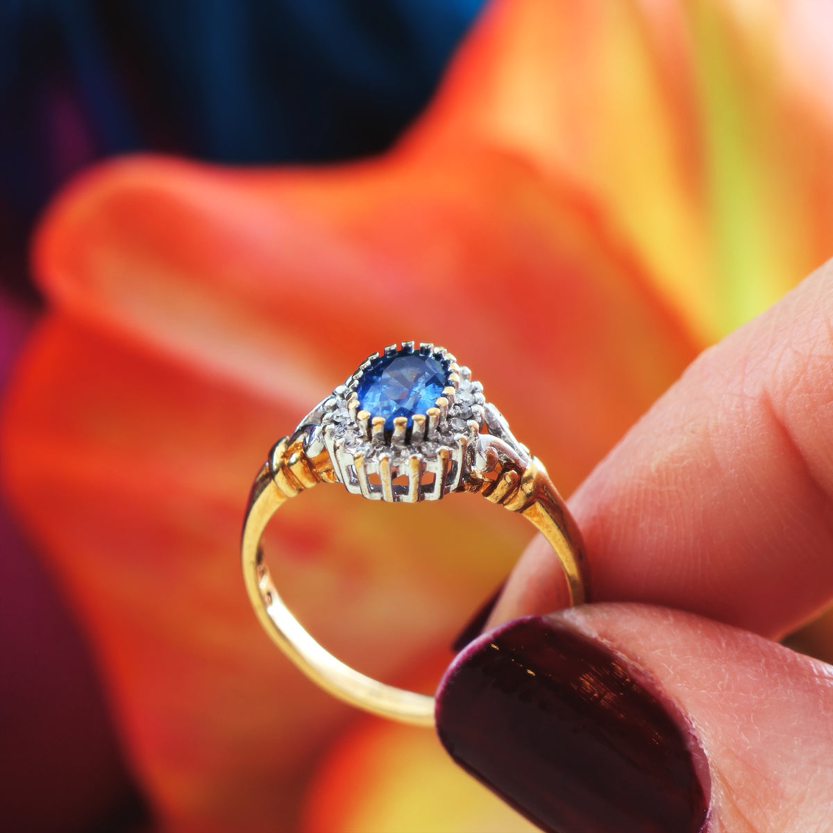 Pretty Vintage Sapphire & Diamond Cluster Engagement Ring