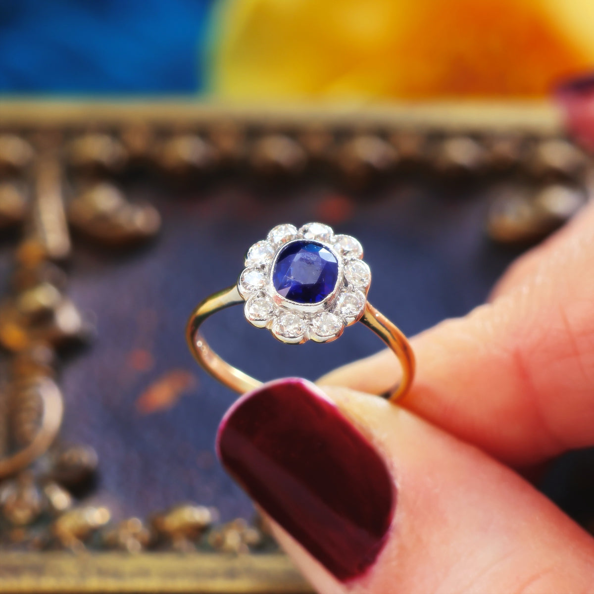 Vintage Sapphire & Diamond Flowerette Engagement Ring