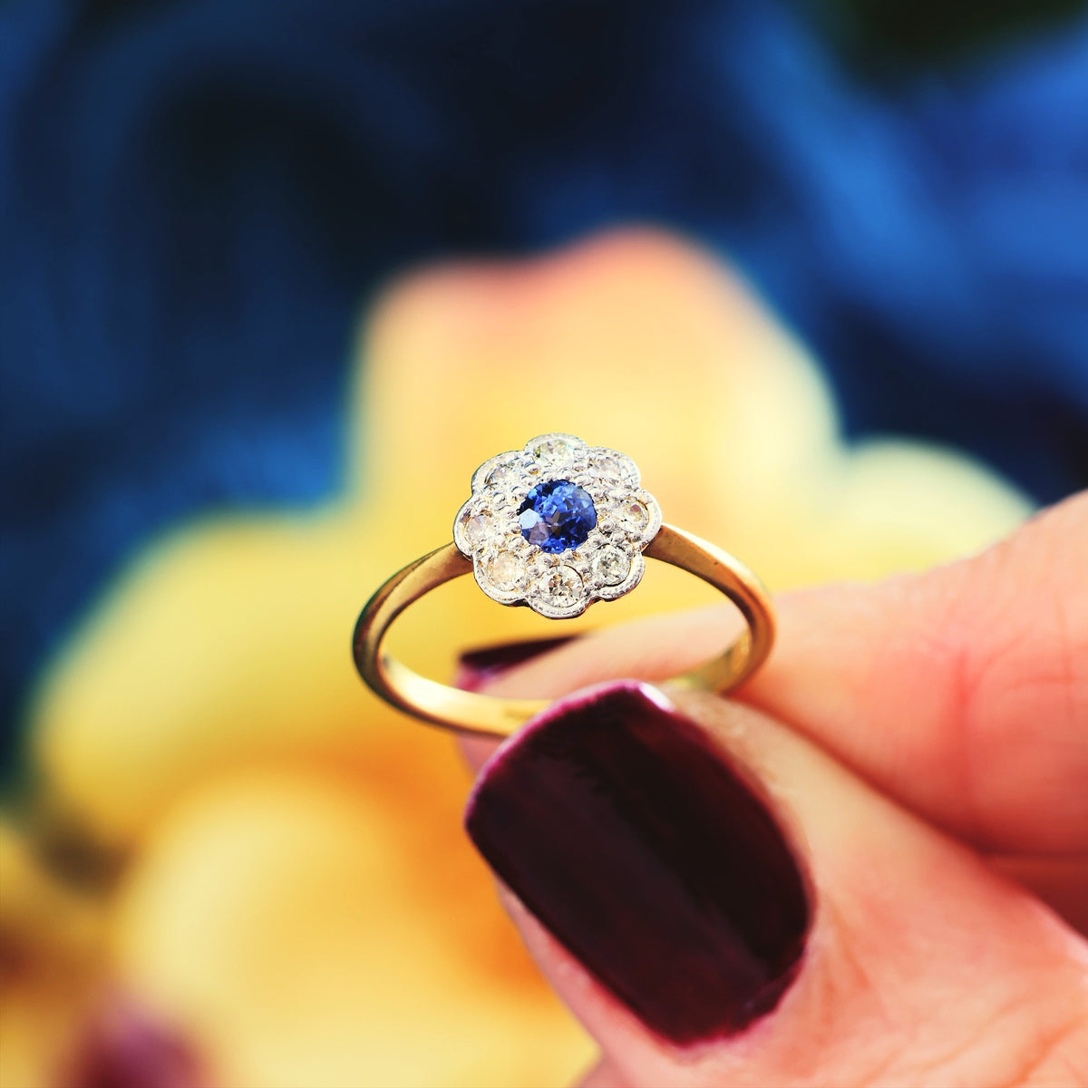 Delightful Blossom! Sapphire & Diamond Cluster Engagement Ring