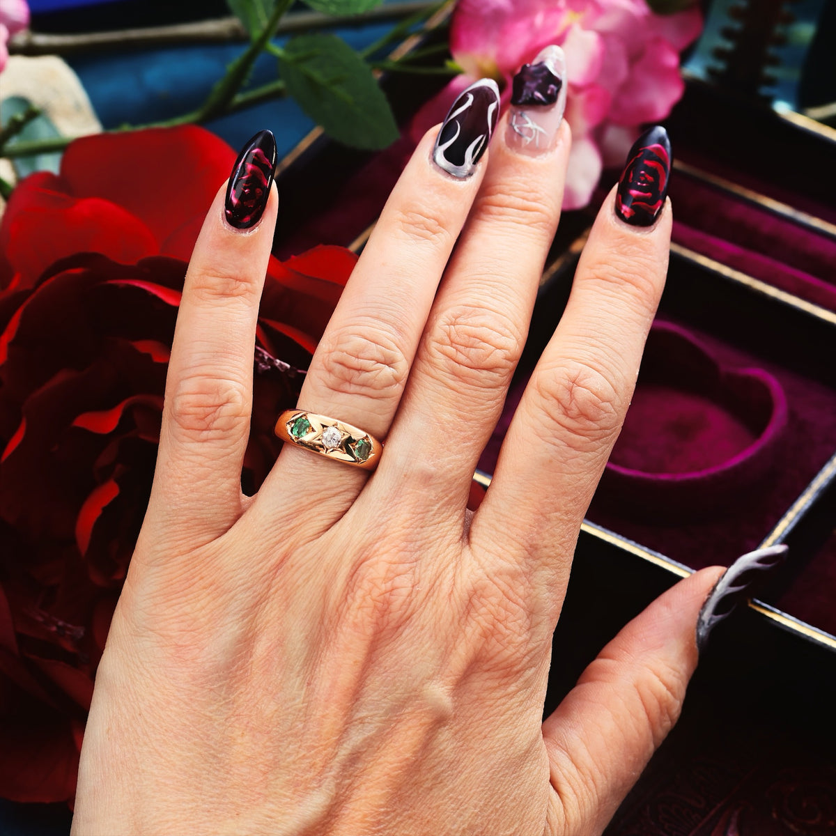 Antique Gypsy Set Emerald & Diamond Band Ring