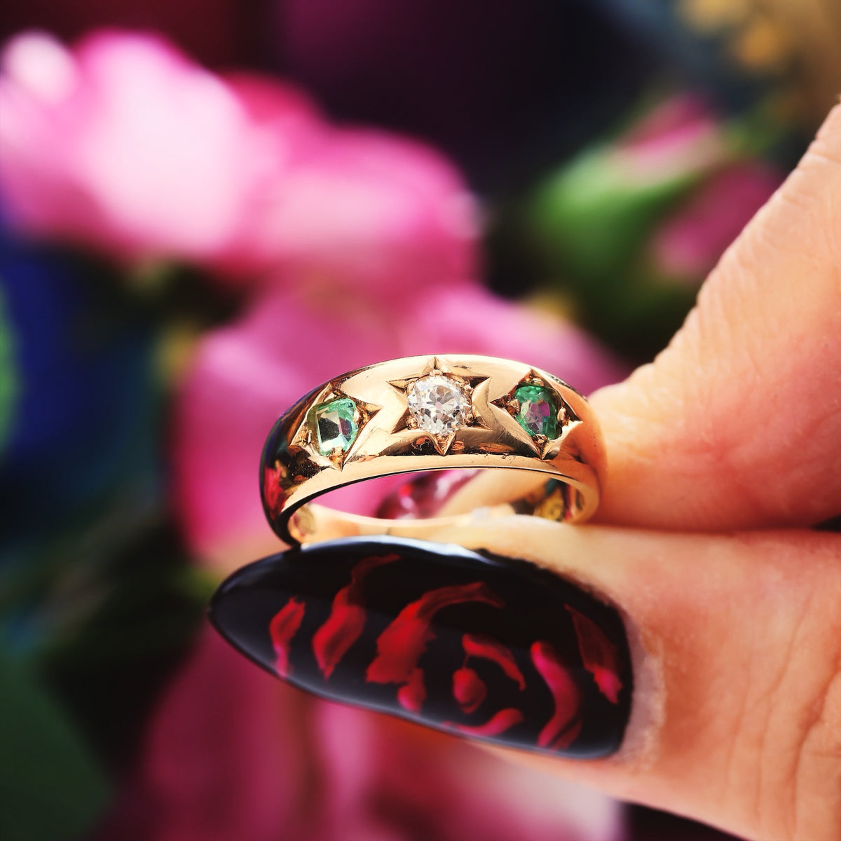 Antique Gypsy Set Emerald & Diamond Band Ring