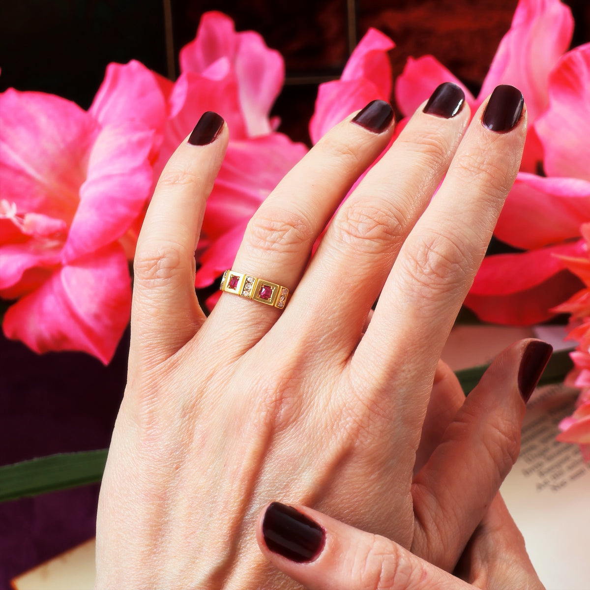 Date 1876 Historical Revival Ruby & Diamond Band Ring
