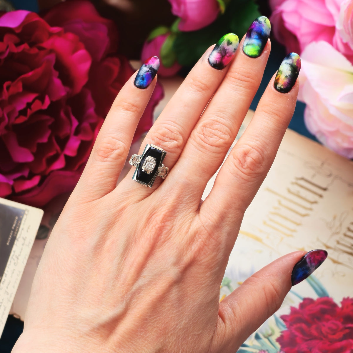 Vintage Art Deco Onyx & Diamond Cocktail Ring
