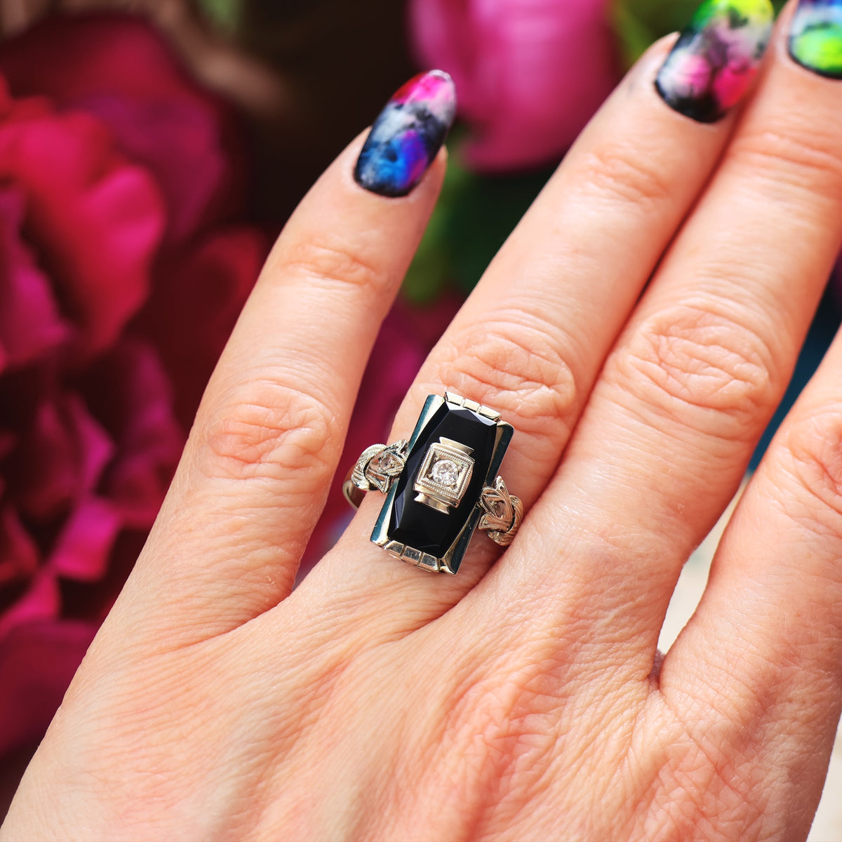 Vintage Art Deco Onyx & Diamond Cocktail Ring