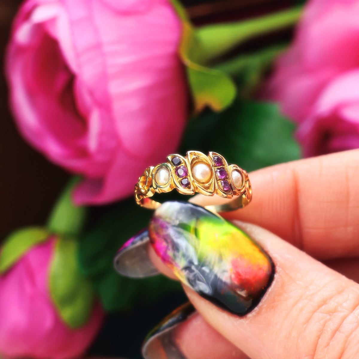 Antique Circa 1870's Victorian Ruby & Pearl Ring