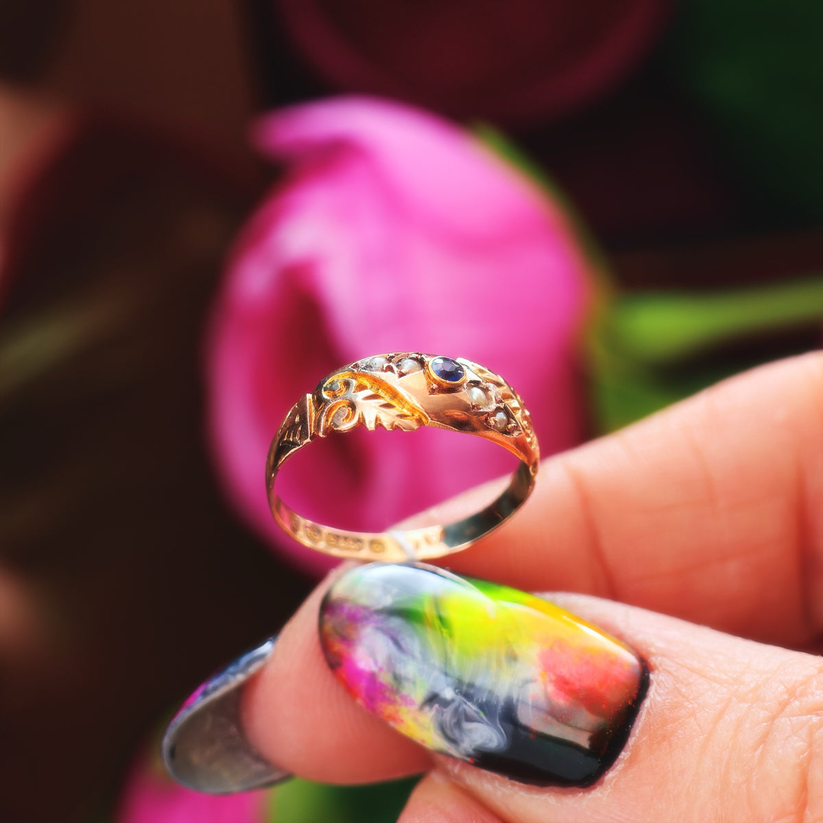 Date 1900 Sapphire & Seed Pearl Gypsy Ring