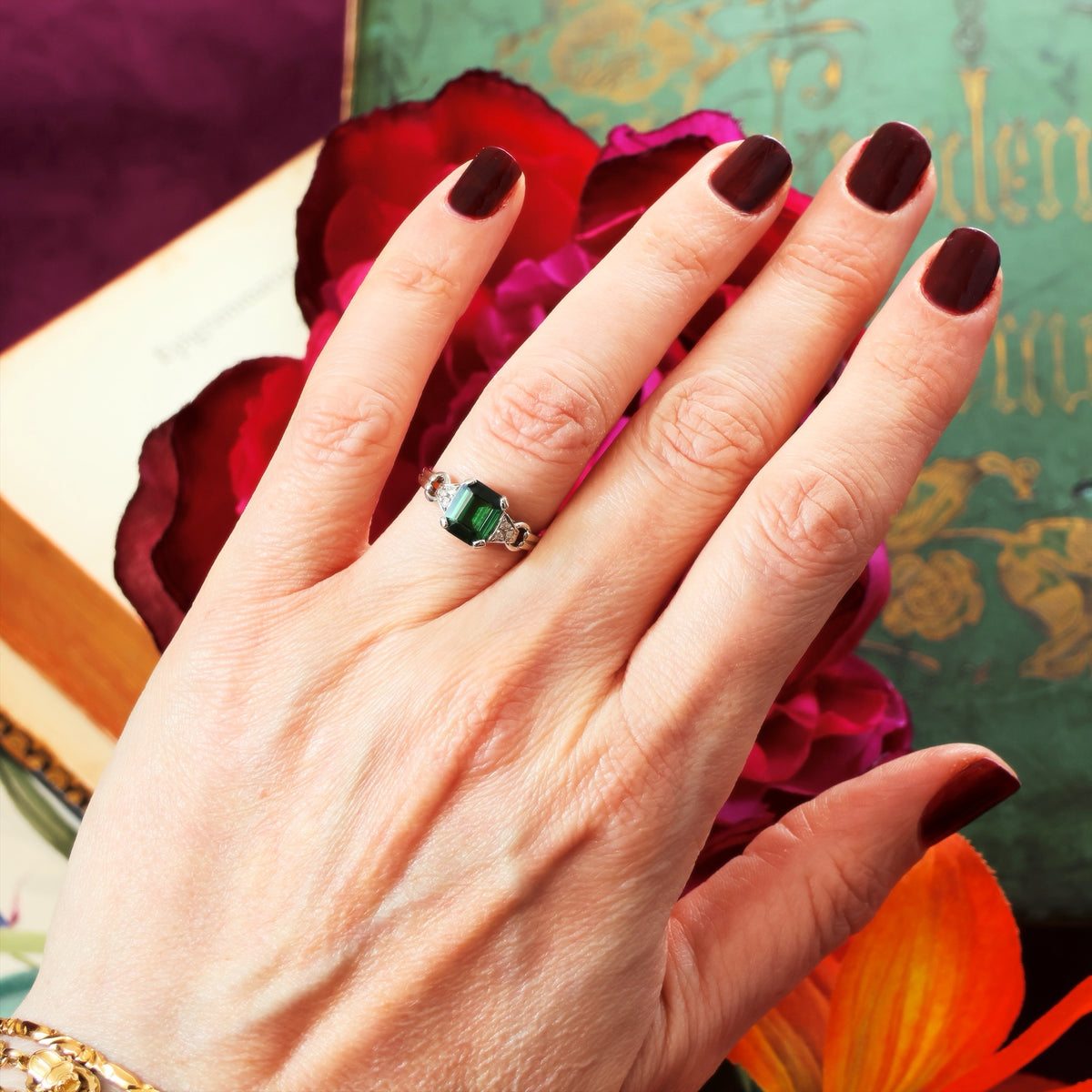 Vintage Green Tourmaline & Diamond Ring