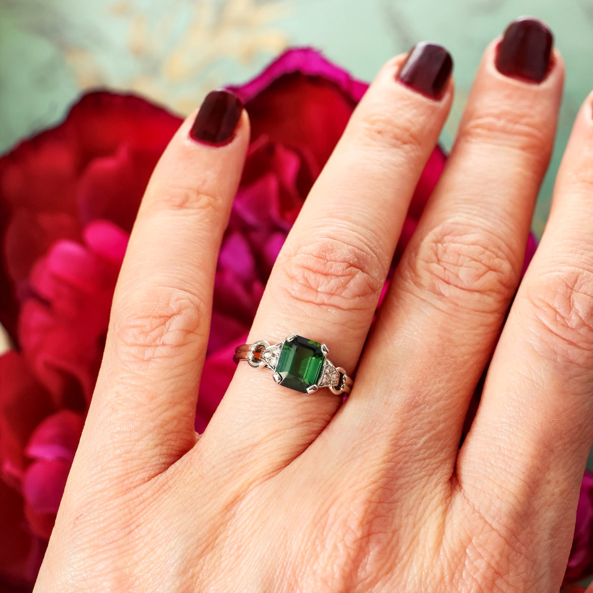 Vintage Green Tourmaline & Diamond Ring