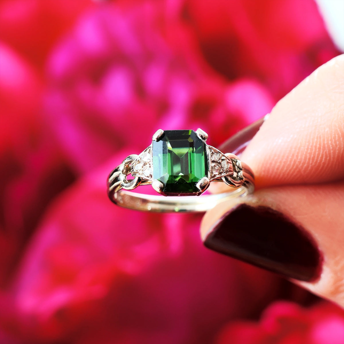 Vintage Green Tourmaline & Diamond Ring