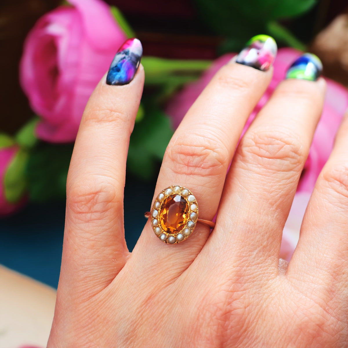 Dreamy Antique Citrine & Wild Pearl Cluster Ring