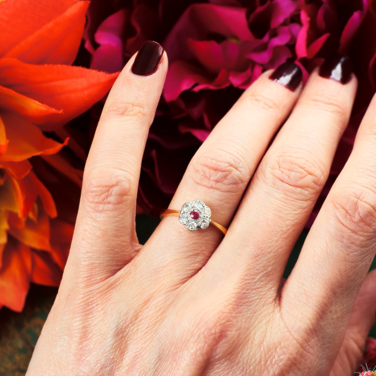 Vintage Ruby & Diamond Daisy Engagement Ring