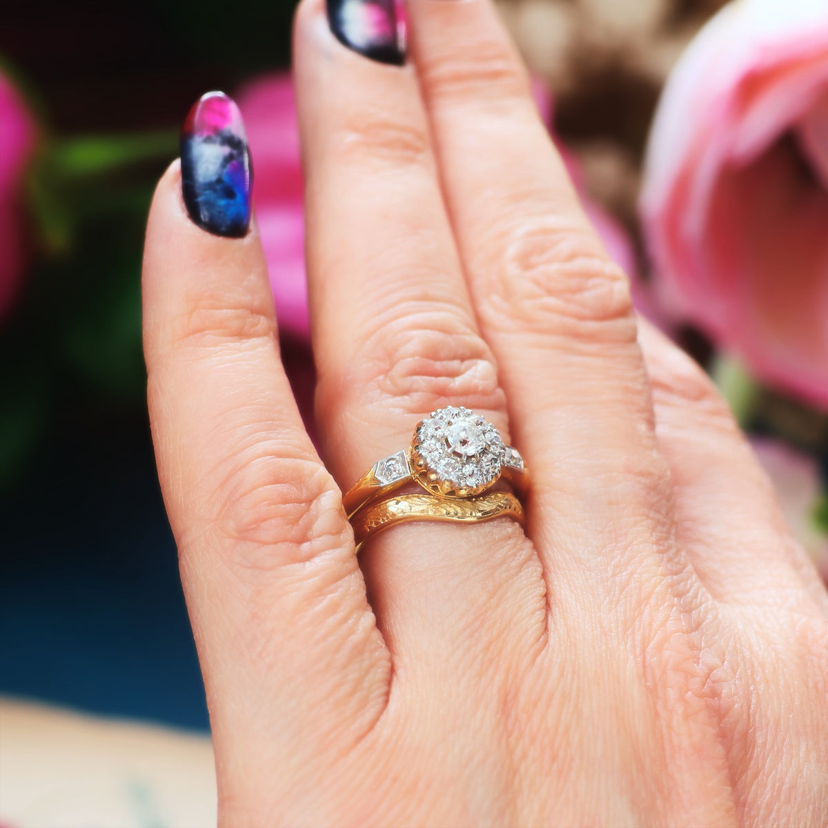 Hand Engraved 'Ferns' Wave Shaped Wedding Band