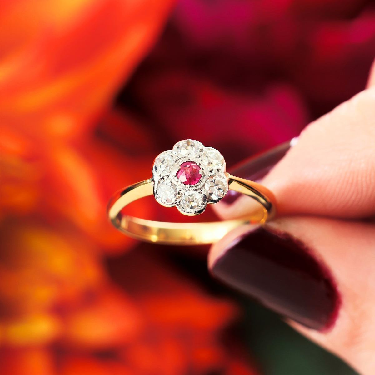 Vintage Ruby & Diamond Daisy Engagement Ring