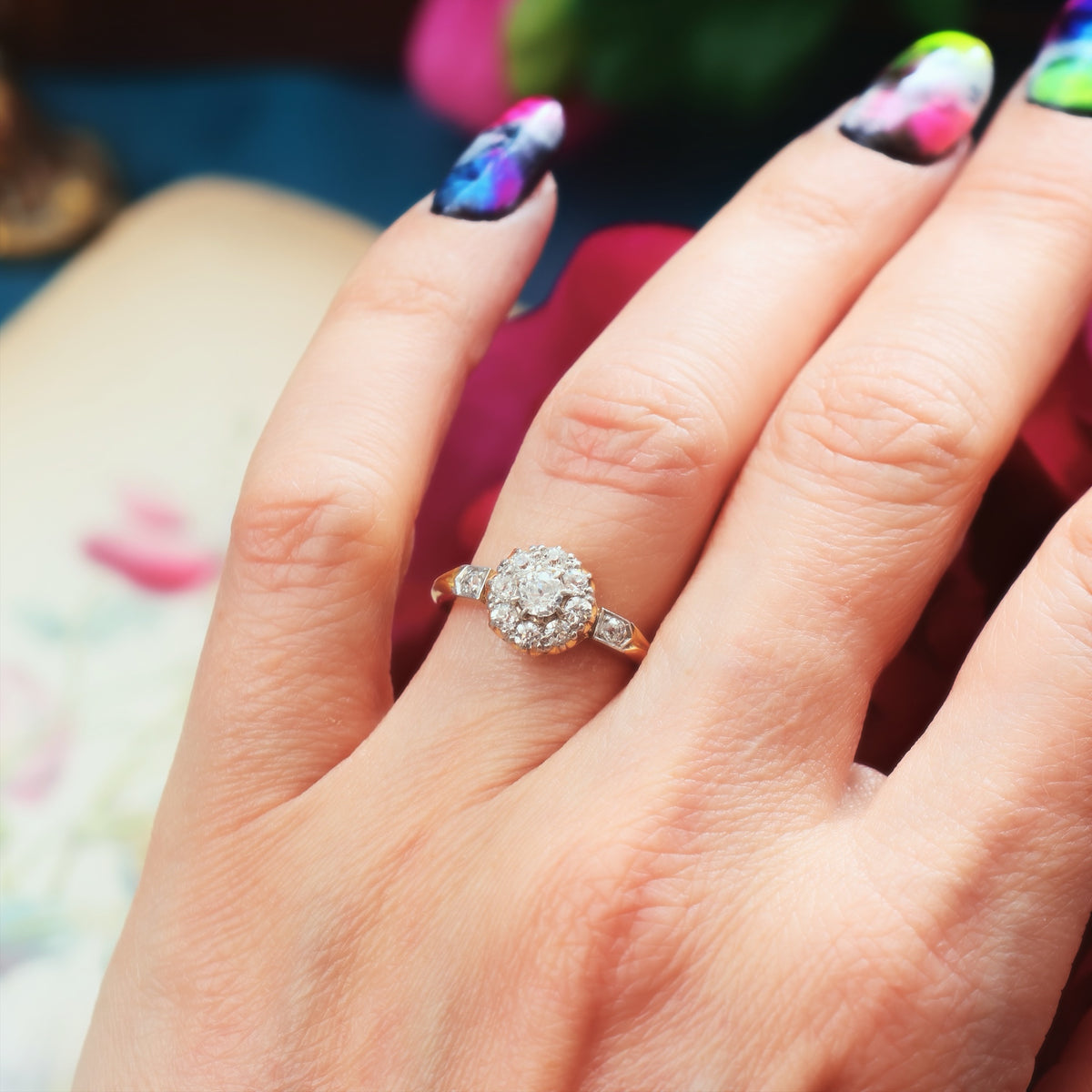 Antique Hand Cut Diamond Blossom Engagement Ring