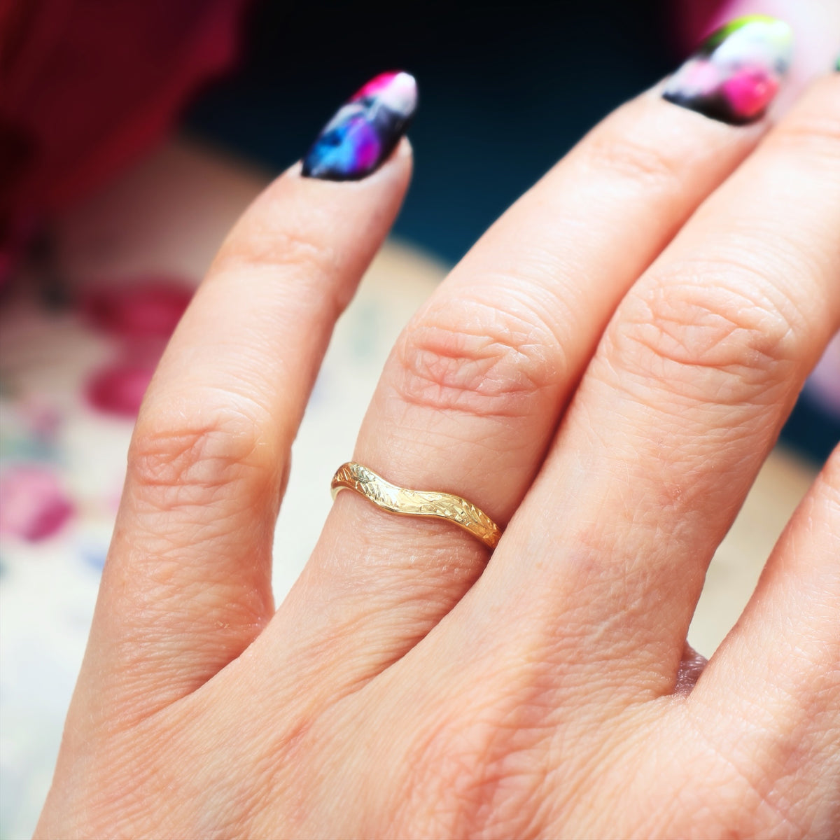Hand Engraved 'Ferns' Wave Shaped Wedding Band