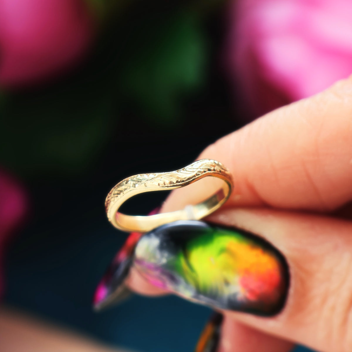 Hand Engraved 'Ferns' Wave Shaped Wedding Band