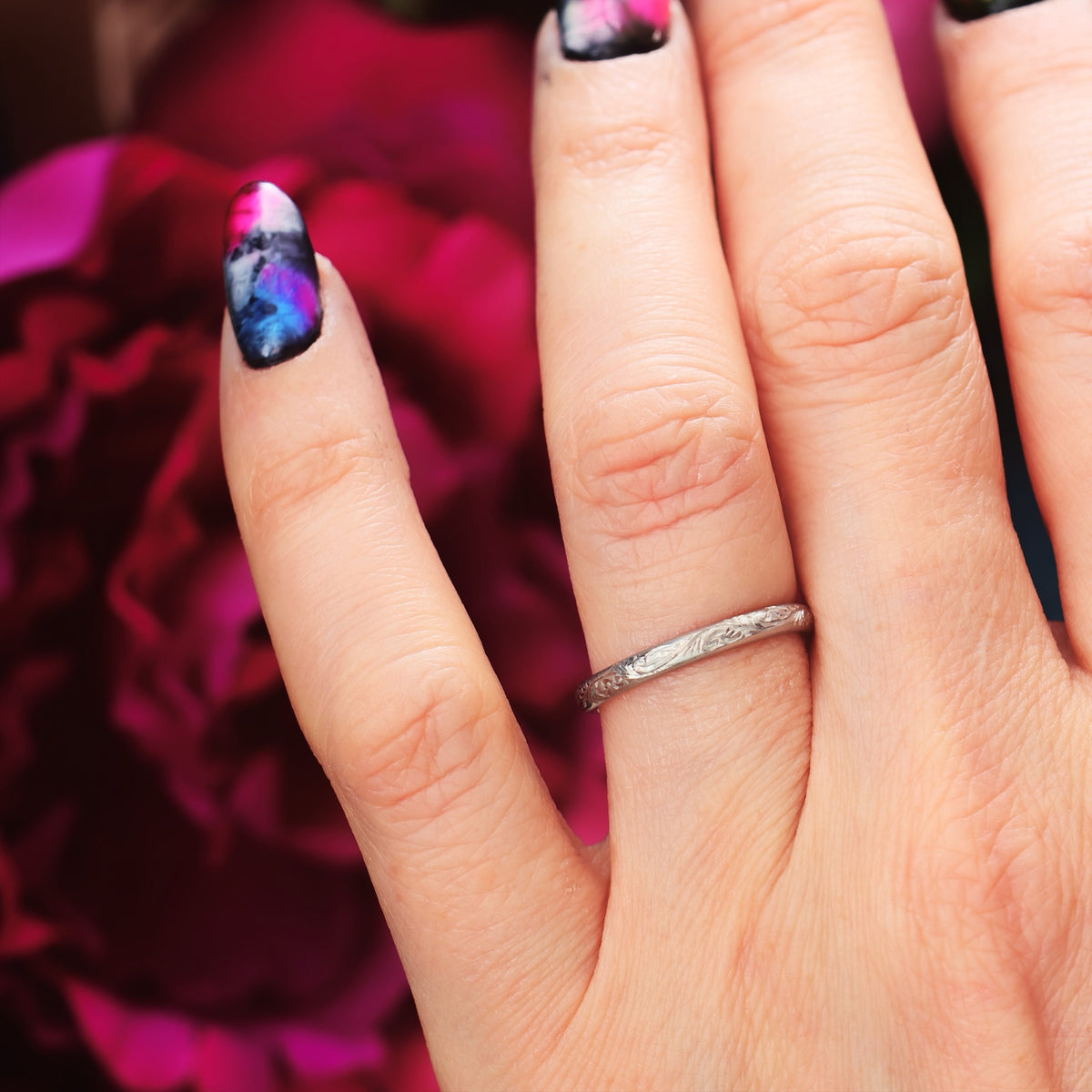Vintage Size M Hand Engraved Platinum Wedding Band