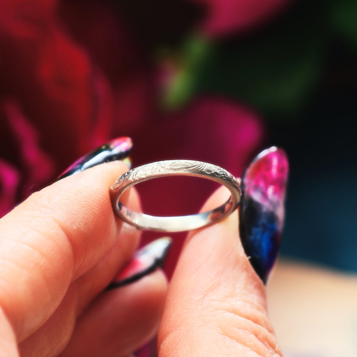 Vintage Size M Hand Engraved Platinum Wedding Band