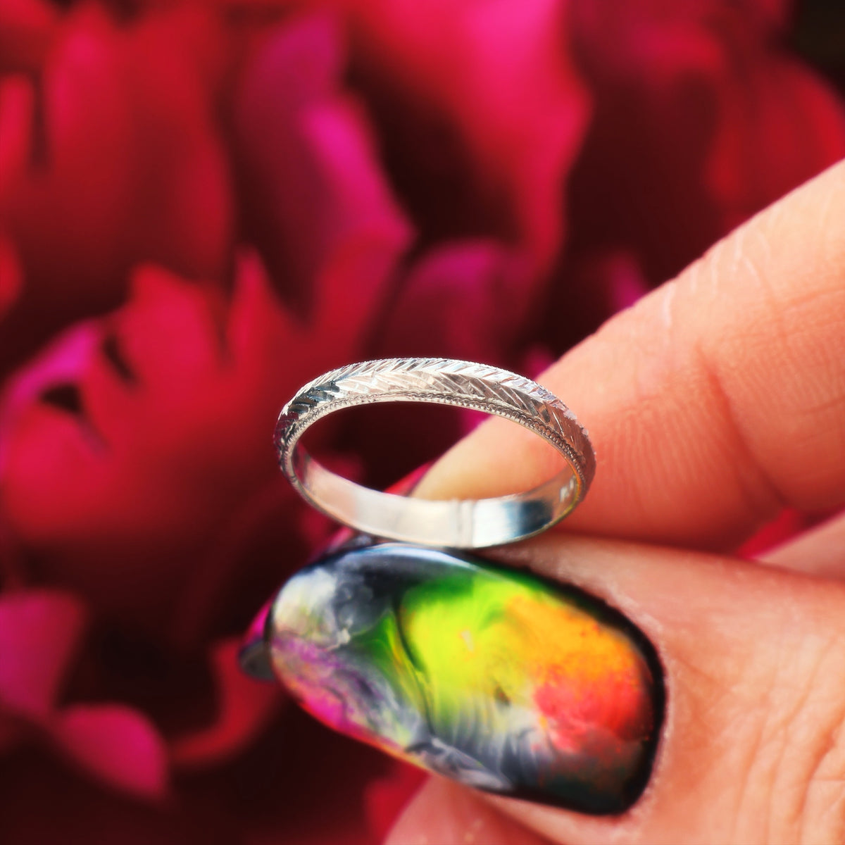 Vintage Size J Hand Engraved Platinum Wedding Band