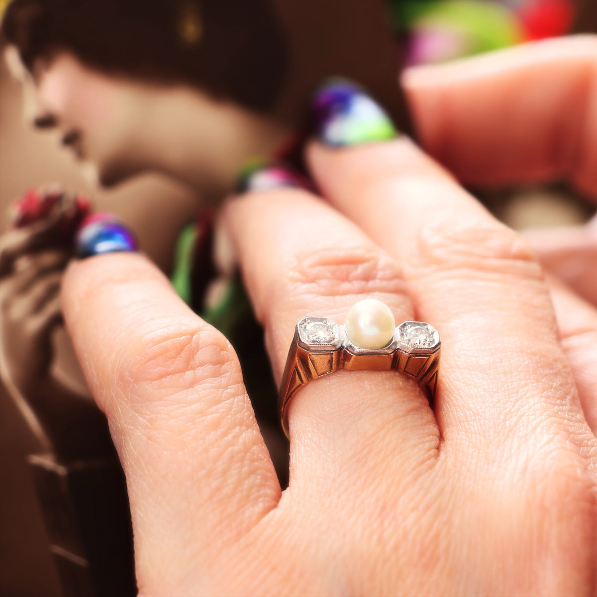 Sensational Vintage Art Deco Pearl & Diamond Cocktail Ring