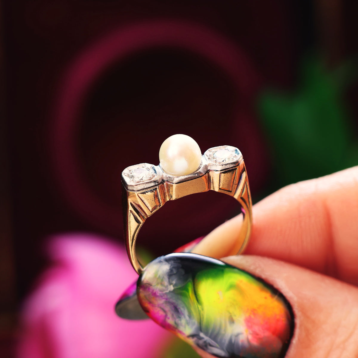 Sensational Vintage Art Deco Pearl & Diamond Cocktail Ring