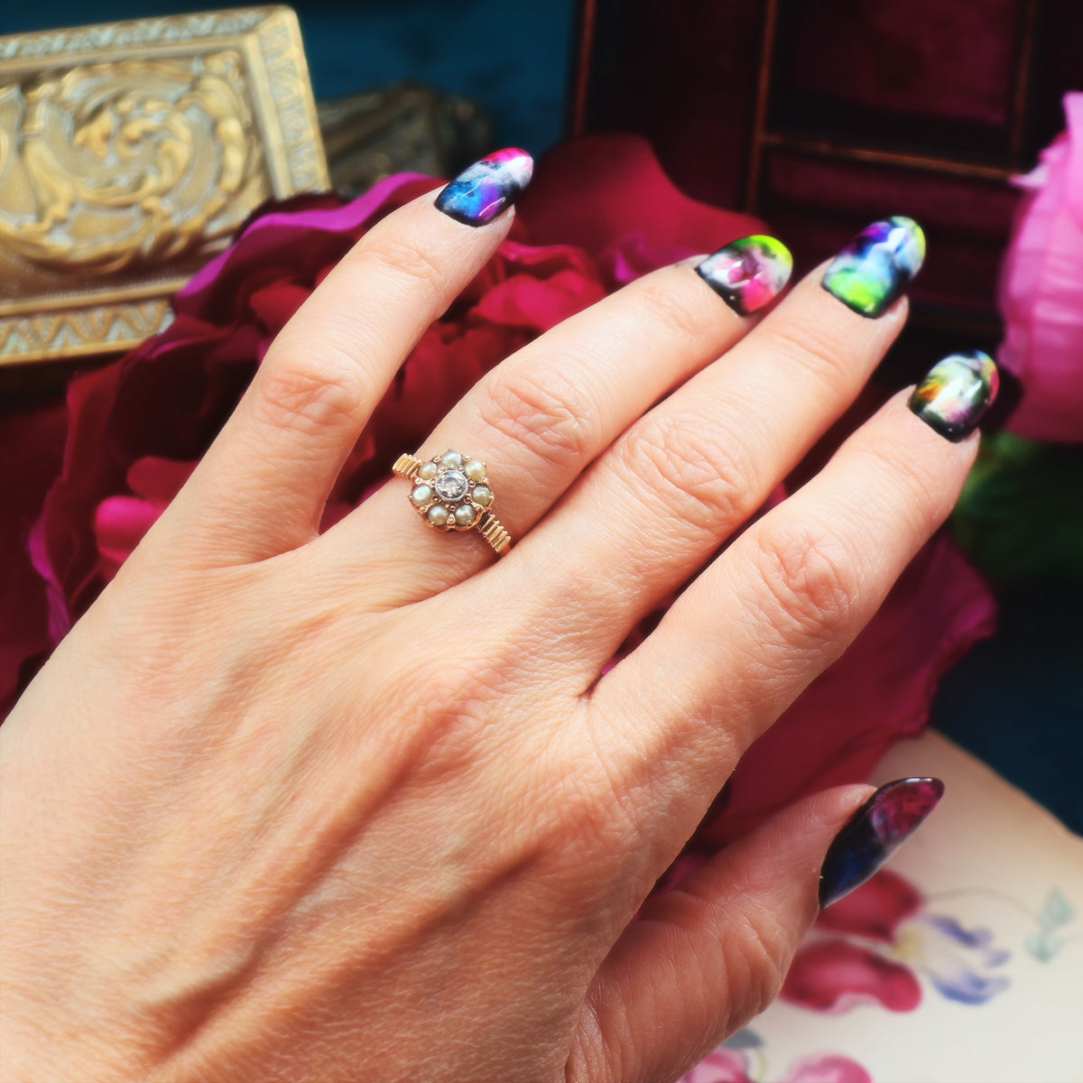 Fine Pretty! Vintage Pearl & Diamond Flowerette Ring