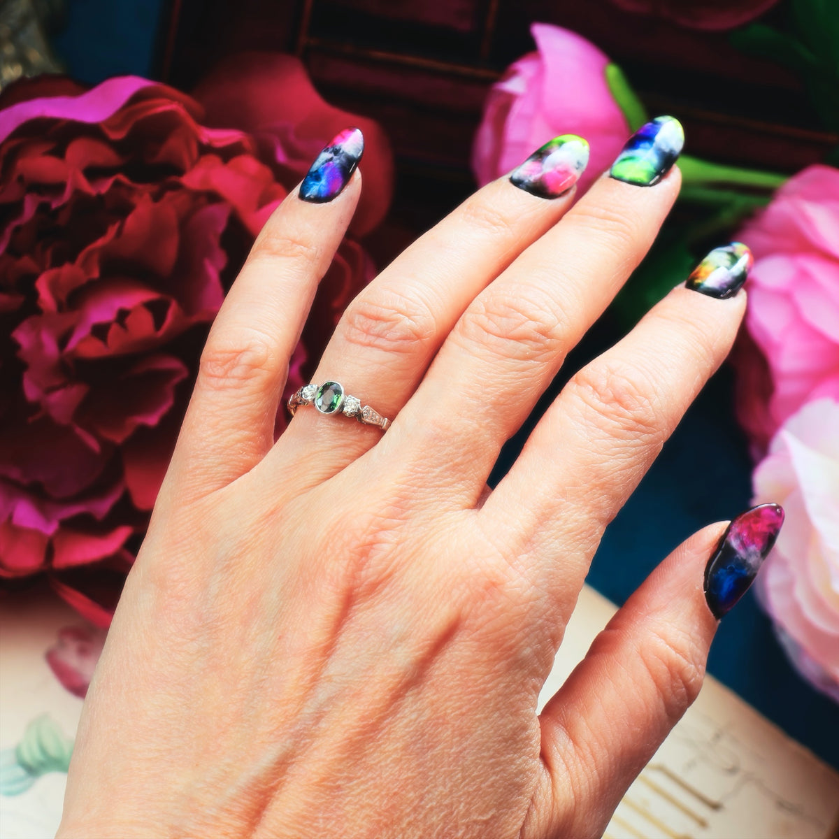 Adorable Vintage Green Sapphire & Diamond Trilogy Ring