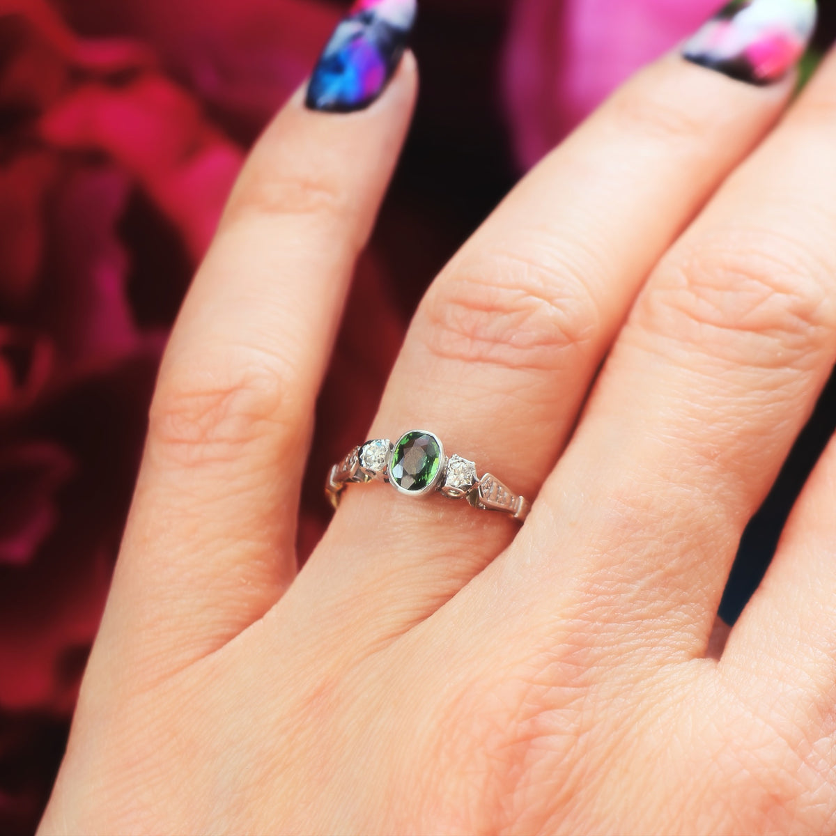 Adorable Vintage Green Sapphire & Diamond Trilogy Ring