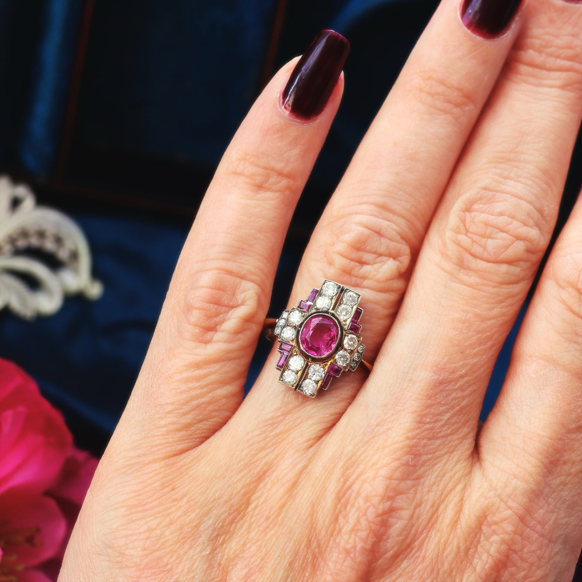 Sublime Vintage Art Deco Statement Ruby & Diamond Cocktail Ring