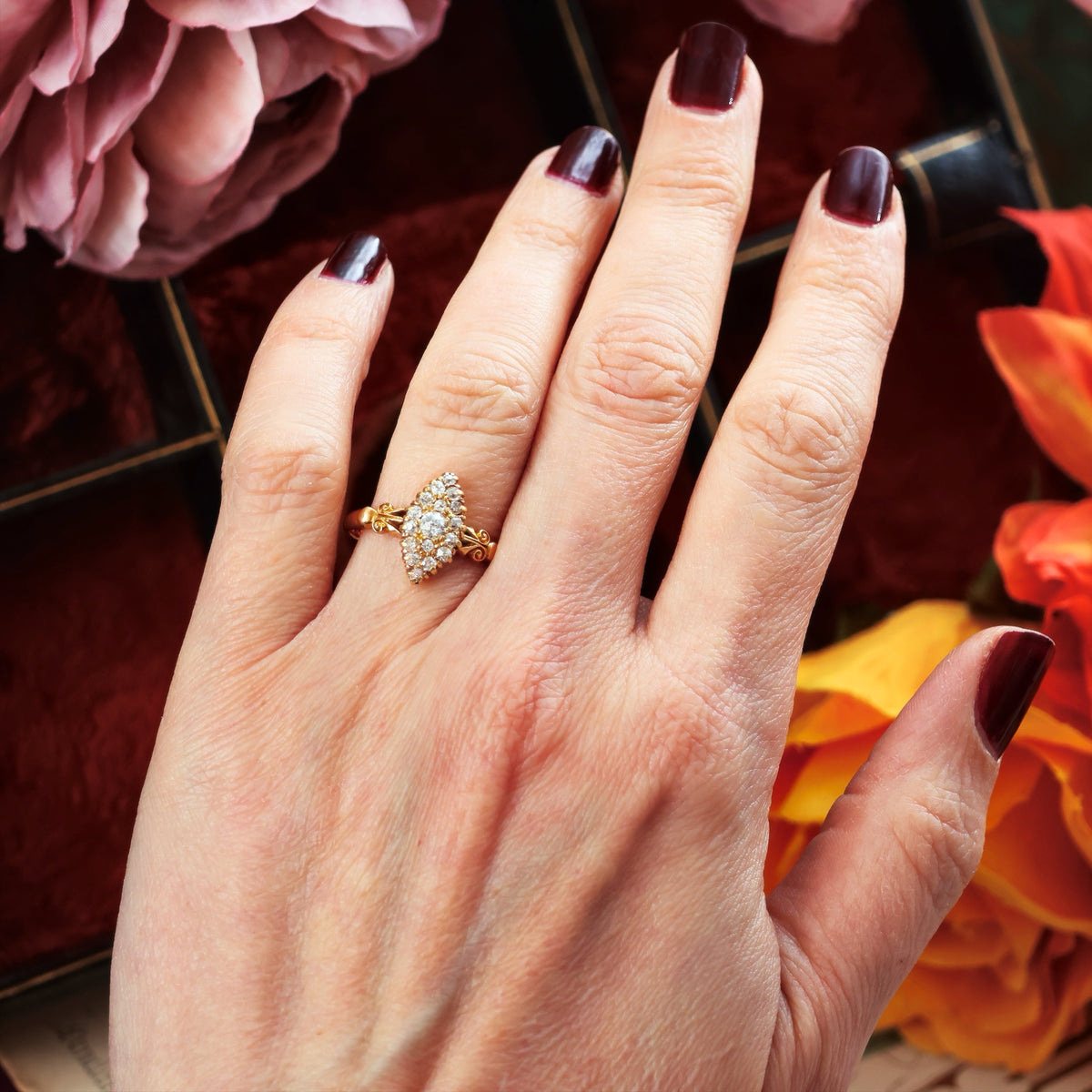 Date 1897 Hand cut Diamond Marquise Cluster Ring