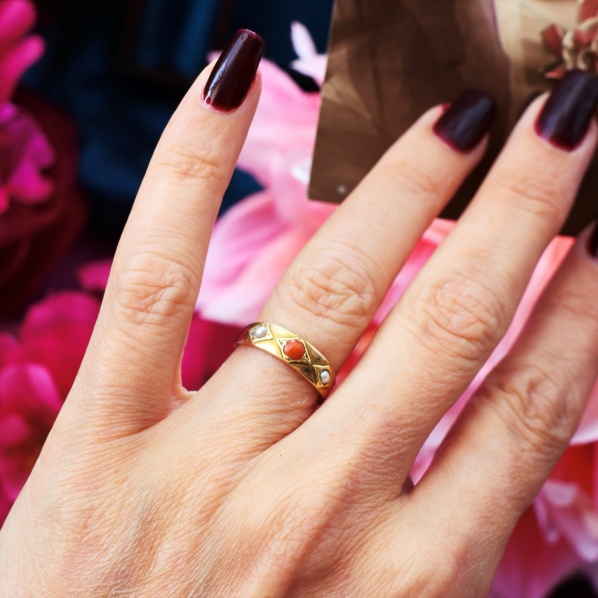 Victorian Etruscan Revival Coral & Pearl Ring