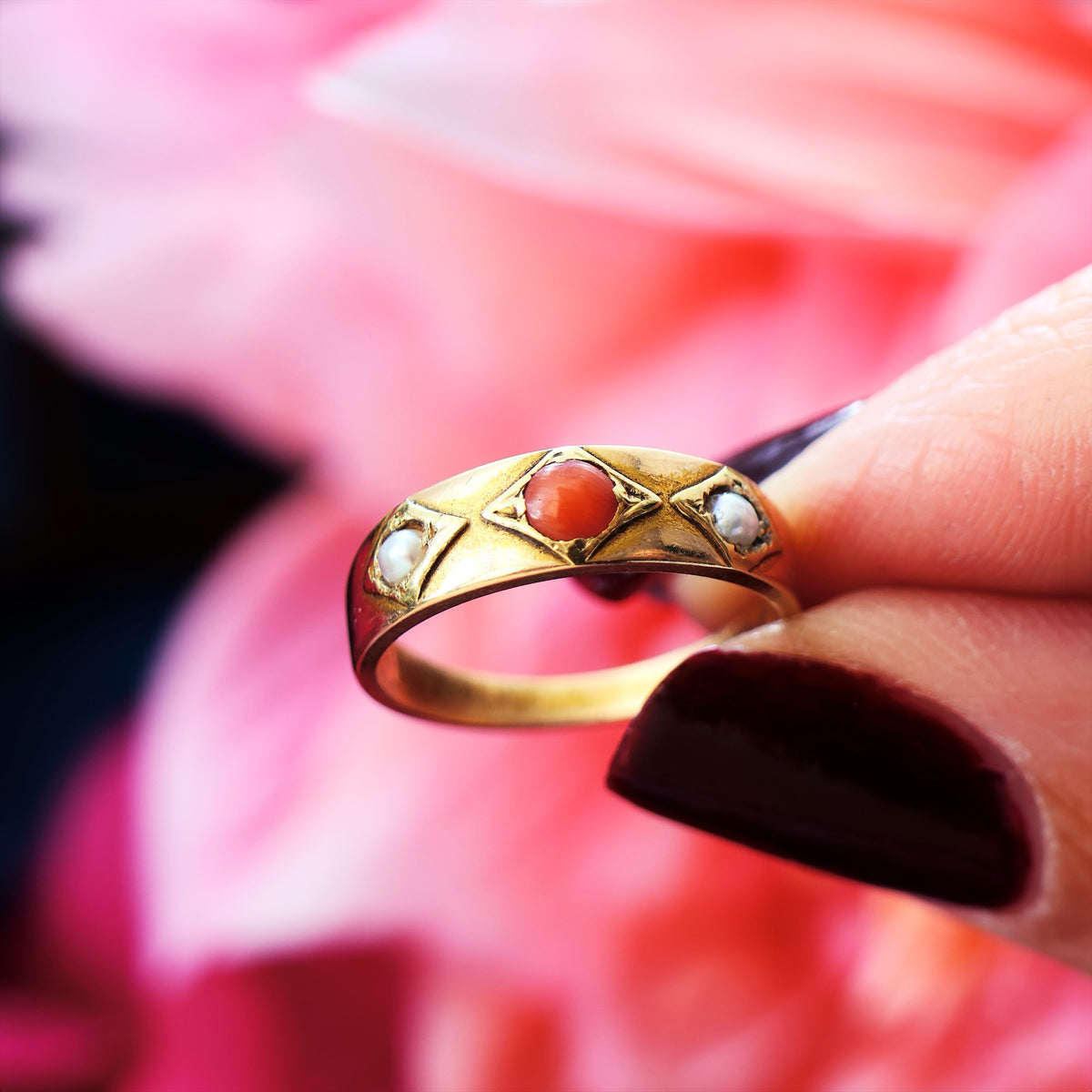 Victorian Etruscan Revival Coral & Pearl Ring