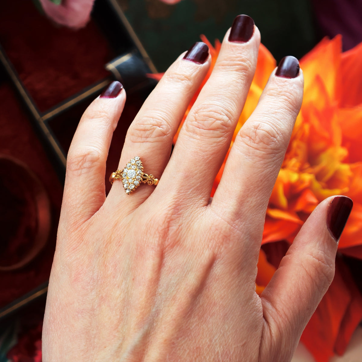 Date 1897 Hand cut Diamond Marquise Cluster Ring