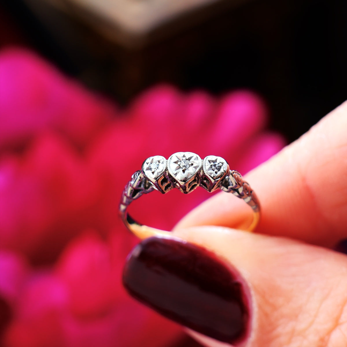 Lovesome Vintage Hearts Diamond Trilogy Engagement Ring