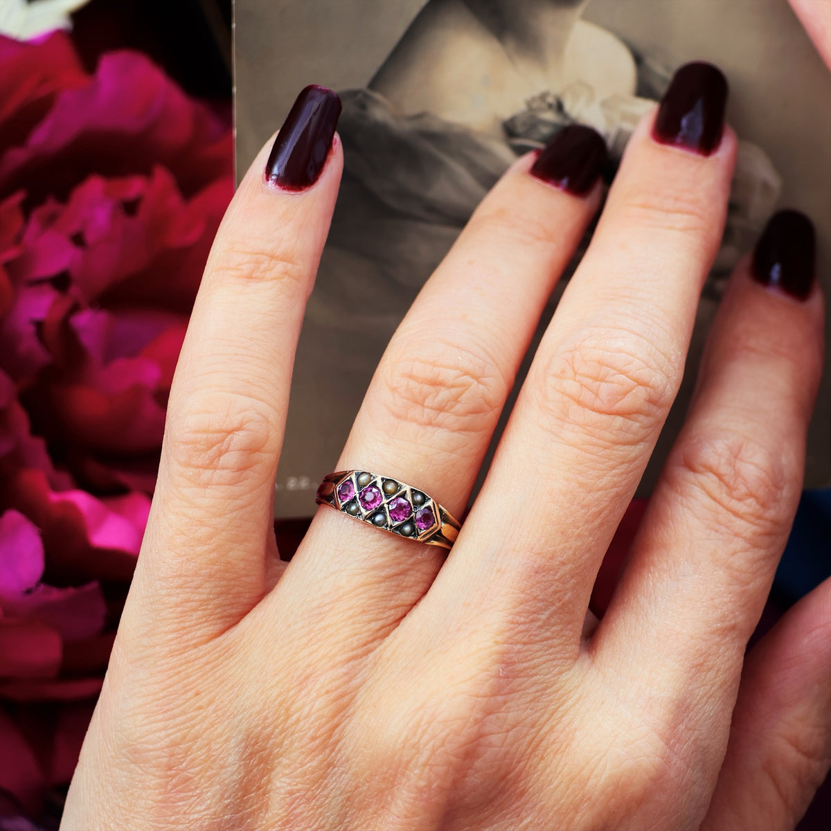 Adorable! Antique Pink Tourmaline & Seed Pearl Ring