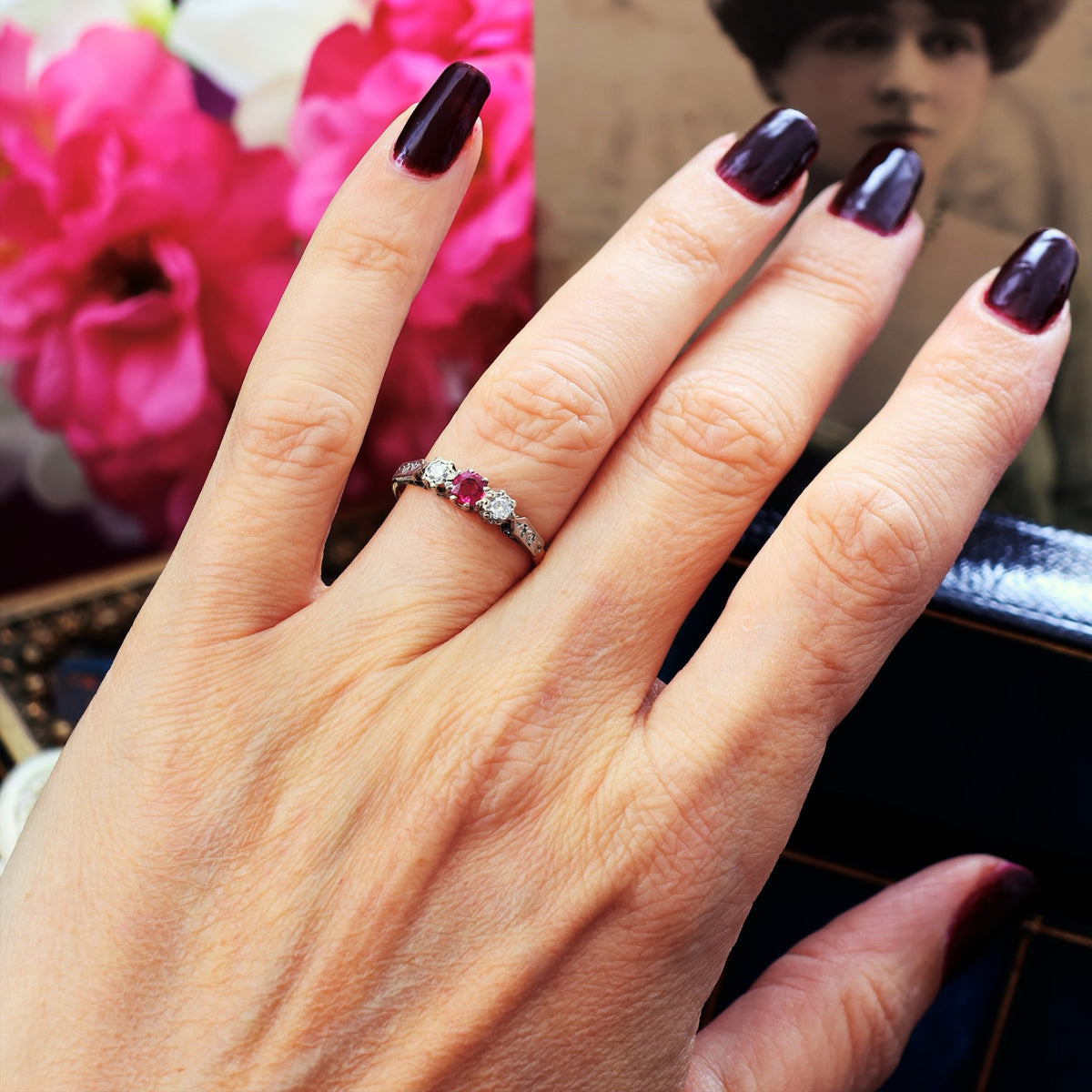 Cutest Vintage Ruby & Diamond Trilogy Engagement Ring