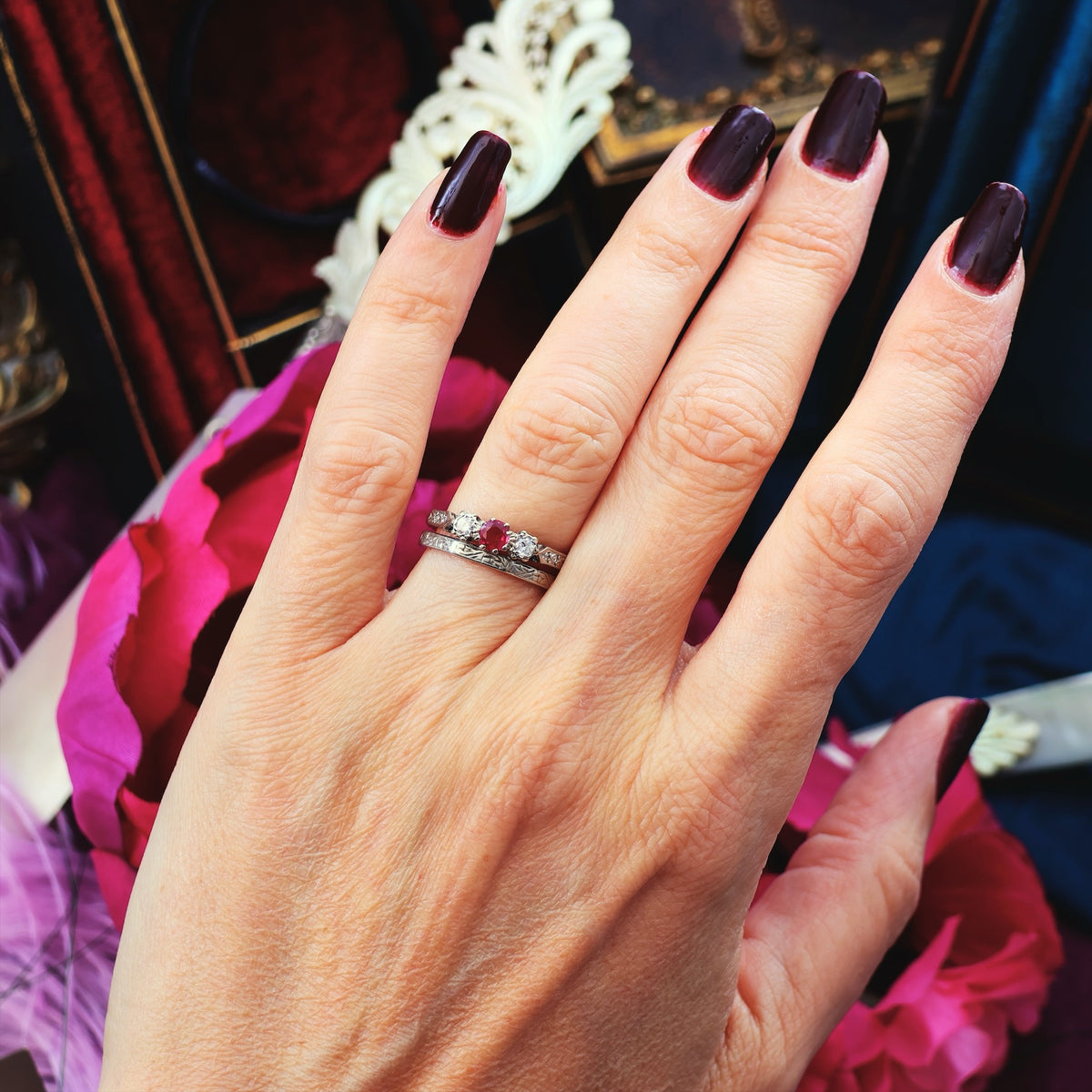 Cutest Vintage Ruby & Diamond Trilogy Engagement Ring