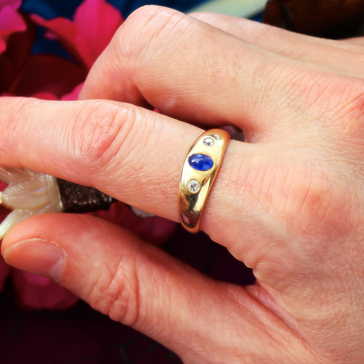 Vintage Gypsy Set Unisex Cabochon Sapphire & Diamond Band