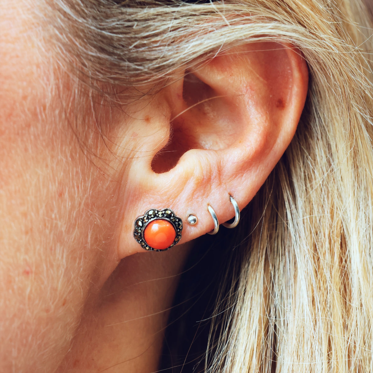 Vintage Mid Century Coral & Marcasite Stud Earrings