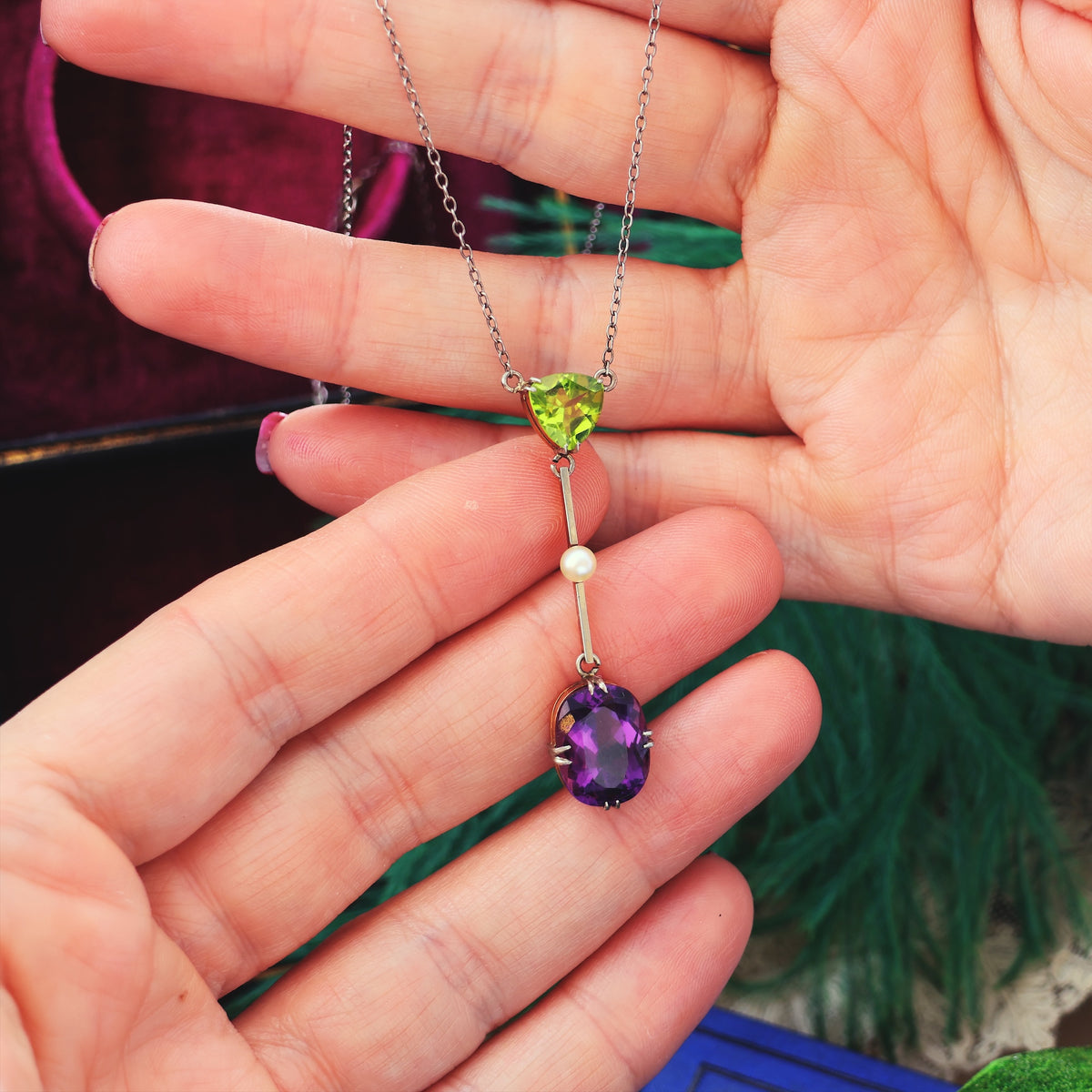 Antique Edwardian Amethyst & Peridot Lavaliere Pendant