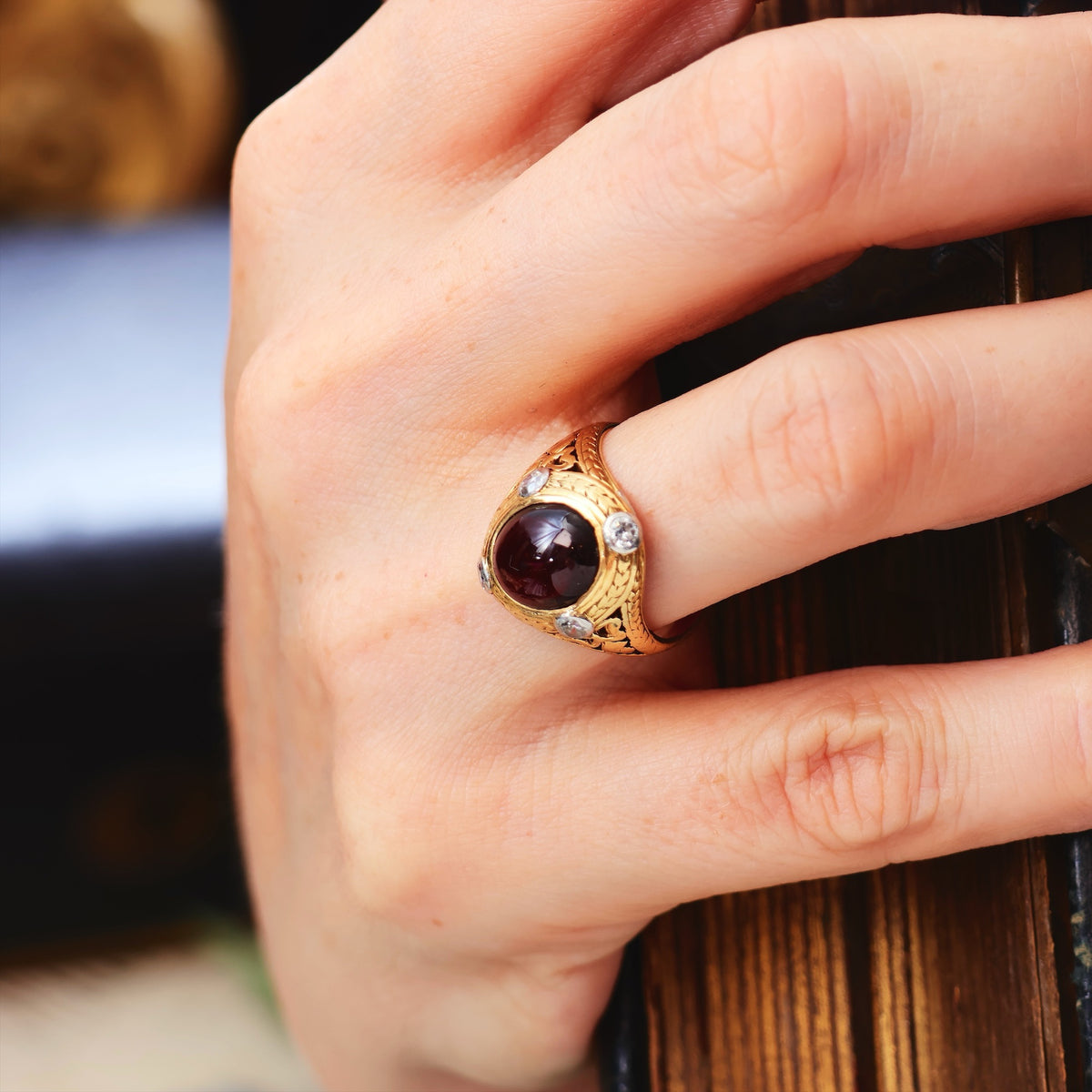 Antique Gothic Revival Cabochon Garnet Ring