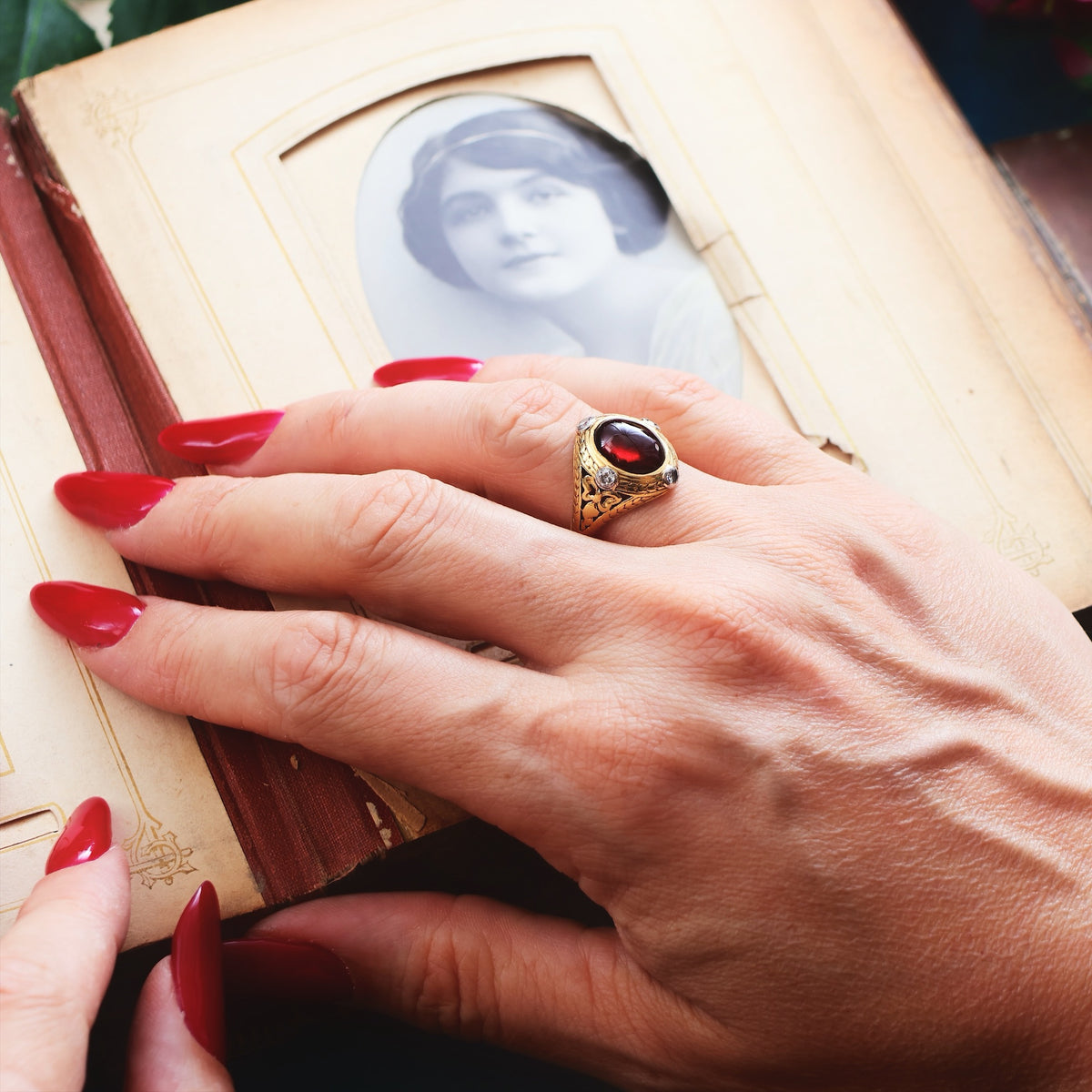 Antique Gothic Revival Cabochon Garnet Ring