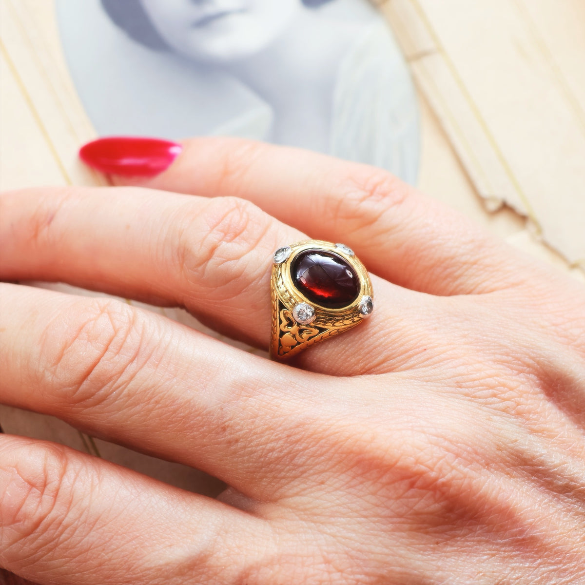 Antique Gothic Revival Cabochon Garnet Ring