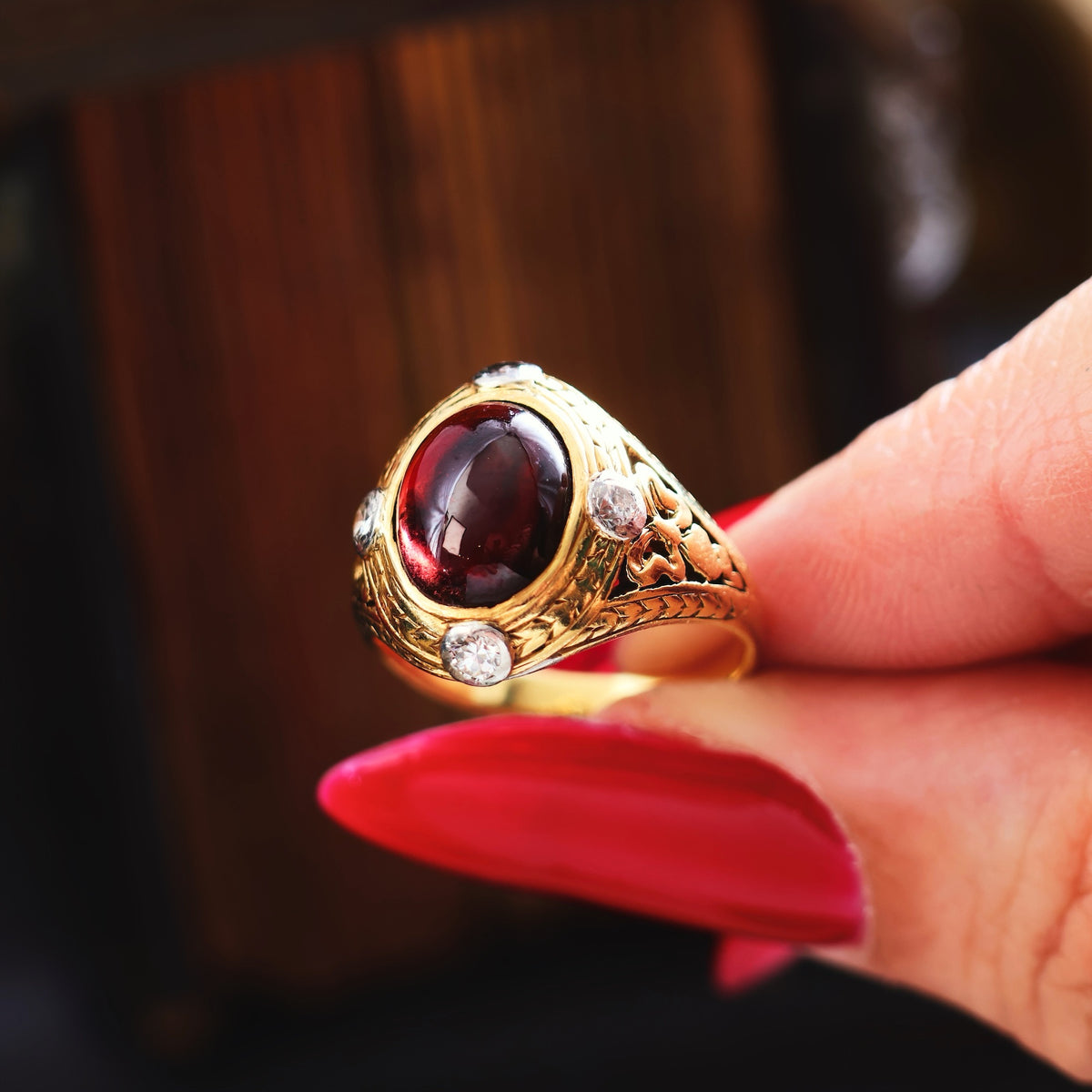 Antique Gothic Revival Cabochon Garnet Ring