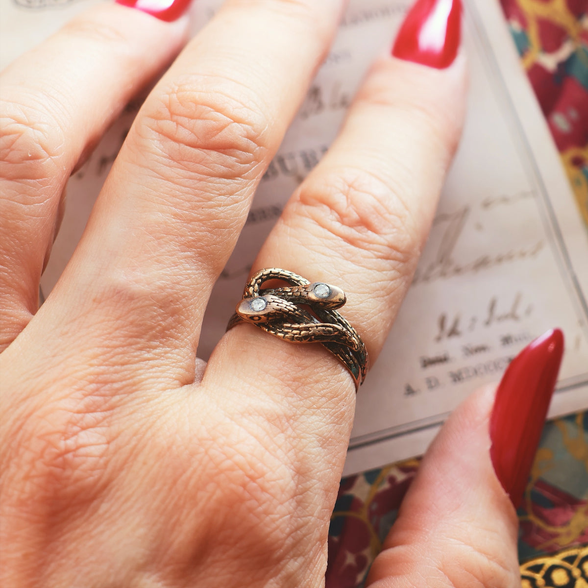 Vintage Rose Gold Diamond Snakes Ring
