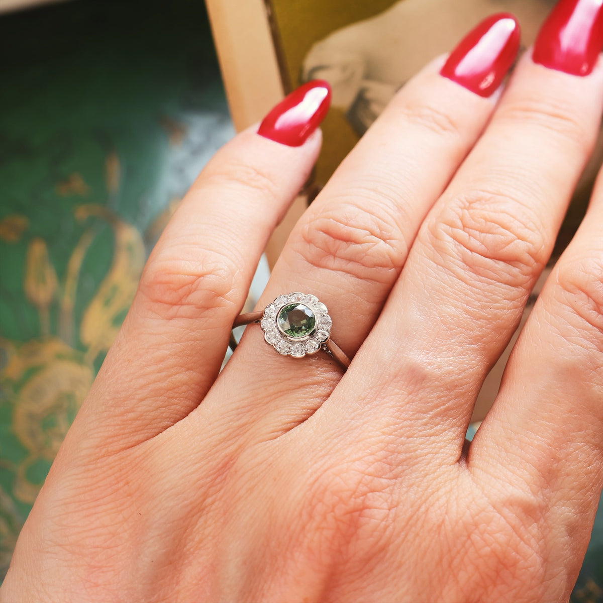 Vintage Green Sapphire & Diamond Engagement Ring